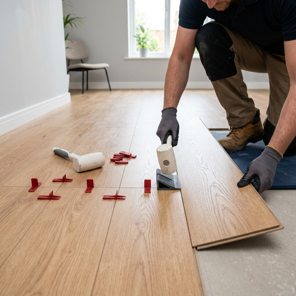 Worker laying down laminate flooring boards in a straight pattern